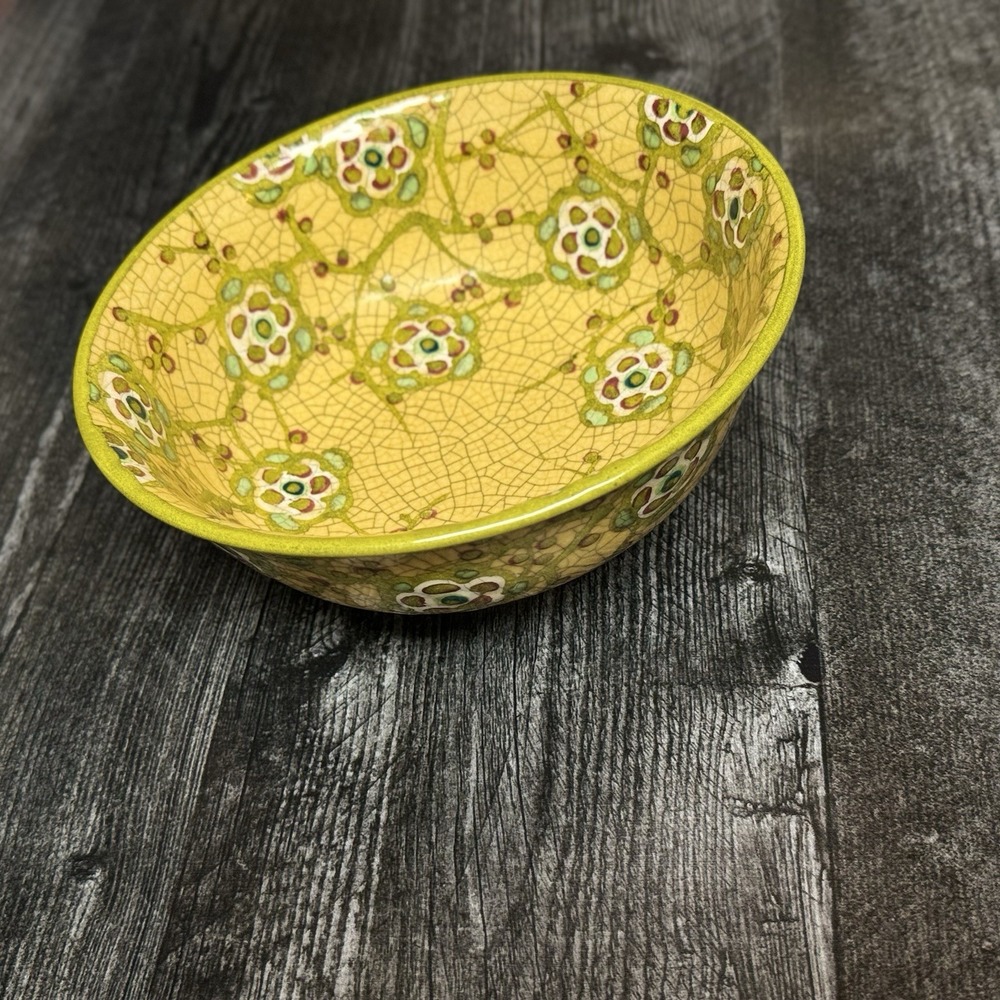 Yellow Crackle Glaze Ceramic Bowl Raised Floral Relief Asian Style Art Pottery